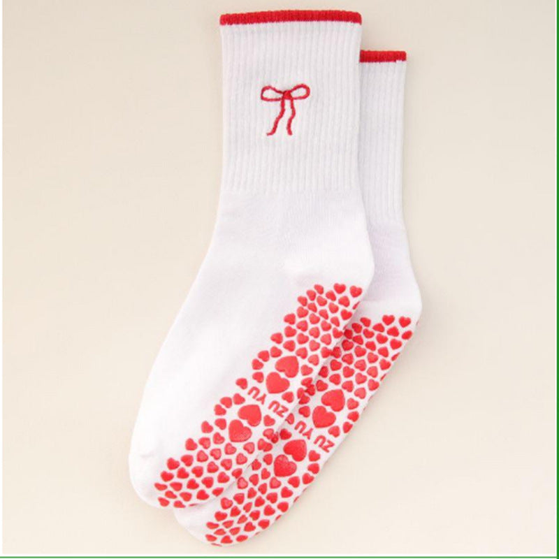 Yoga Socks Women's Mid-Calf Cotton Socks Breathable Embroidered Bow Professional Anti-Slip Dispensing Fitness Training Pilates Socks