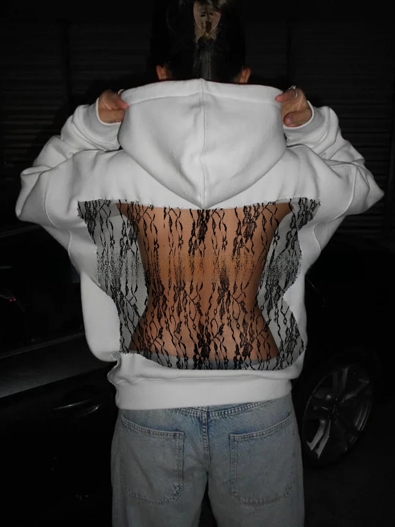 Backless Cut Out Mesh Hoodie Sweatshirt