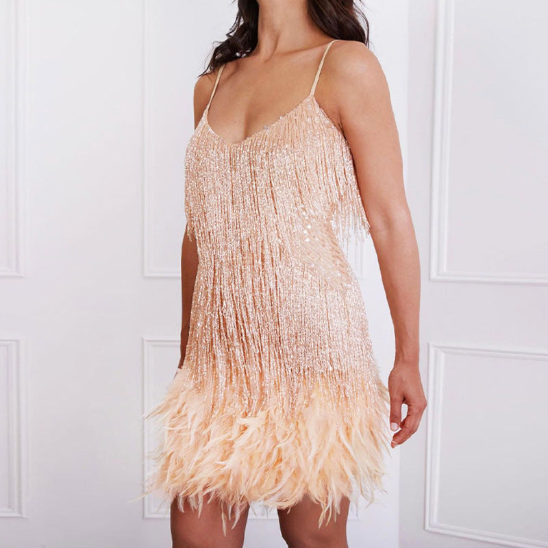Feather Sequin Patchwork Dress with Fringe Elegant Party Style