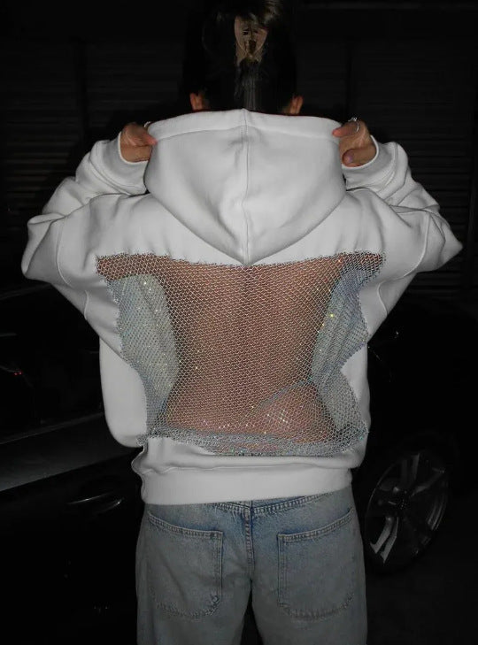 Backless Cut Out Mesh Hoodie Sweatshirt