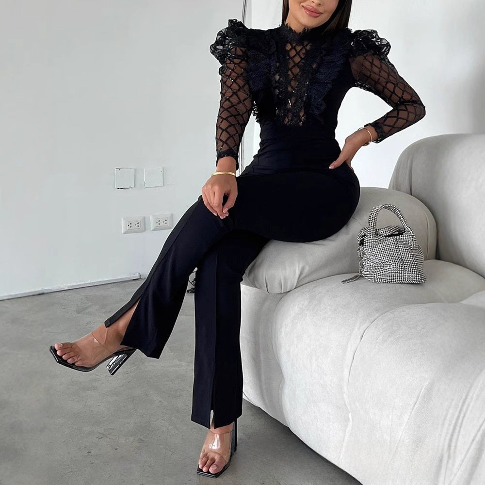 Black Beaded Mesh Lace Long Sleeve Bodysuit
