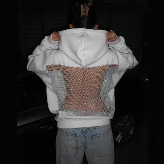 Backless Cut Out Mesh Hoodie Sweatshirt