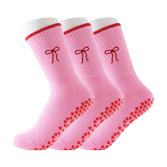 Yoga Socks Women's Mid-Calf Cotton Socks Breathable Embroidered Bow Professional Anti-Slip Dispensing Fitness Training Pilates Socks