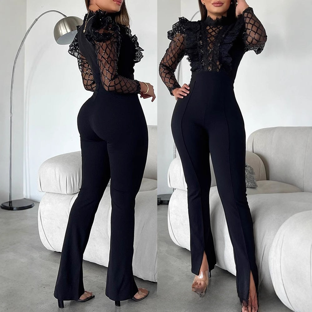 Black Beaded Mesh Lace Long Sleeve Bodysuit