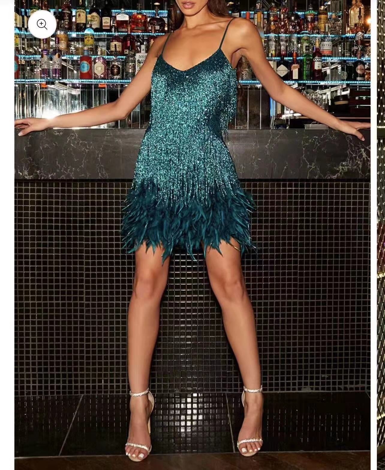Feather Sequin Patchwork Dress with Fringe Elegant Party Style