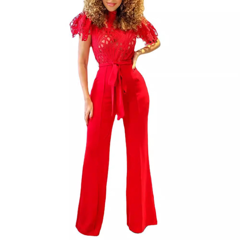 Women's Elegant Lace Detail Wide-Leg Jumpsuit