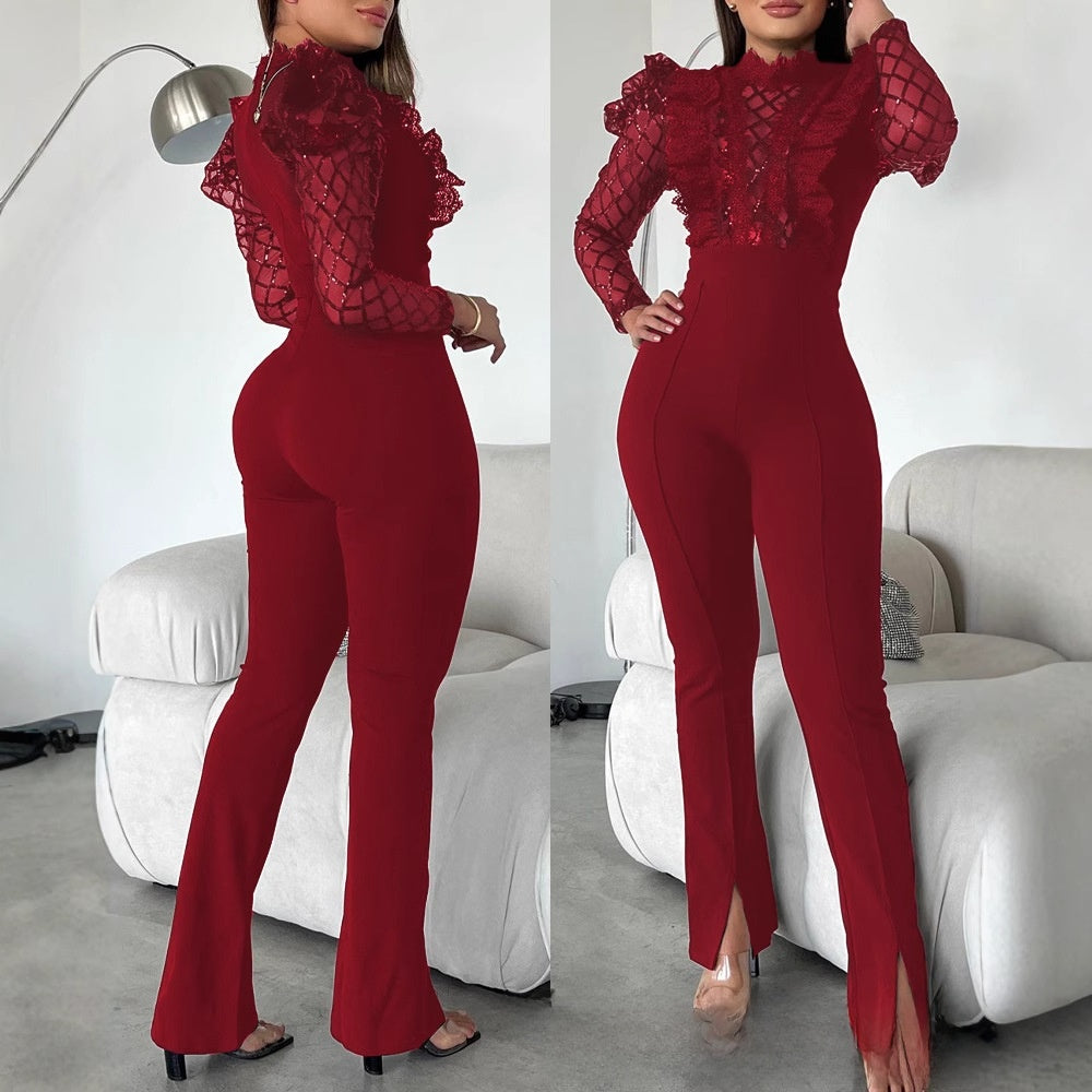 Black Beaded Mesh Lace Long Sleeve Bodysuit