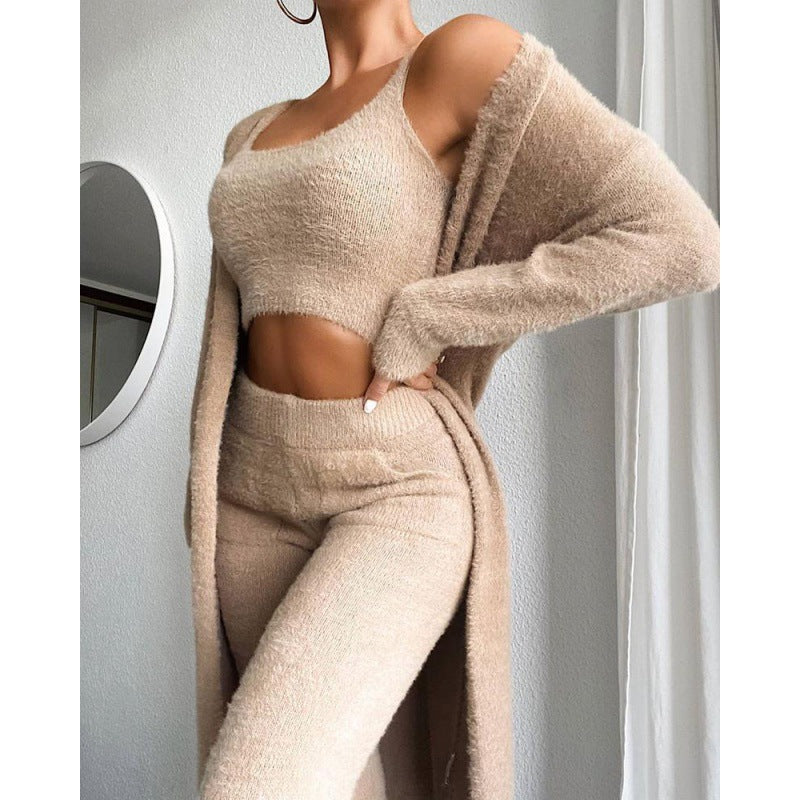 Womens Plush Vest Pants Three-piece Set