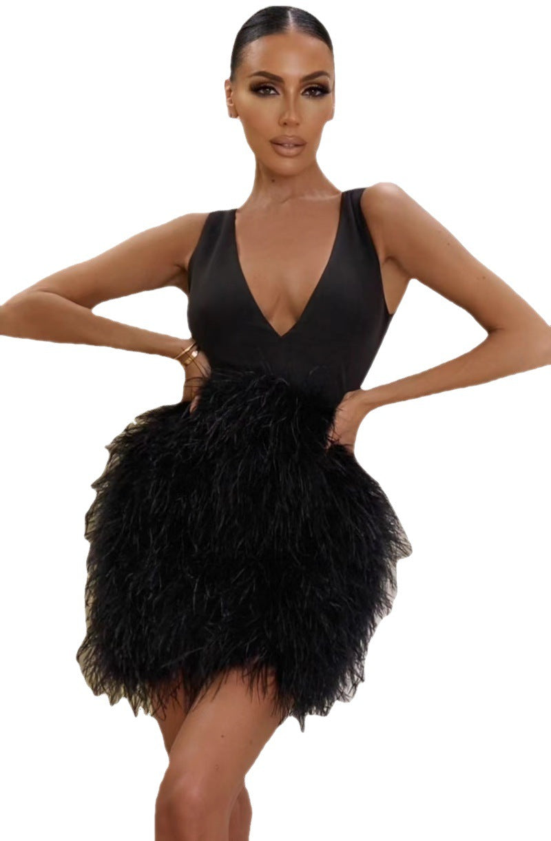 Sleeveless vest and fluffy lace-up dres